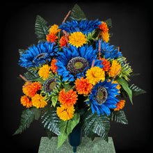 Load image into Gallery viewer, Blue Sunflower Cemetery Cone with Orange &amp; Yellow Mini Mums. Funeral Memorial Flowers
