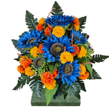 Load image into Gallery viewer, Blue Sunflower Cemetery Cone with Orange &amp; Yellow Mini Mums. Funeral Memorial Flowers
