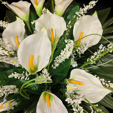 Load image into Gallery viewer, This cemetery cone has grave flowers including cream calla lily and white filler flowers. It is a funeral or memorial decoration.
