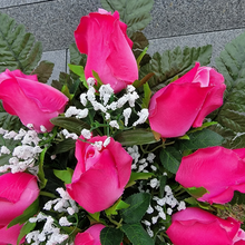 Load image into Gallery viewer, This cemetery cone has grave flowers including Beauty Pink Elegant Ruffled Rosebuds. It is a perfect summer memorial decoration.
