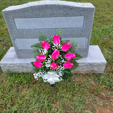 Load image into Gallery viewer, This cemetery cone has grave flowers including Beauty Pink Elegant Ruffled Rosebuds. It is a perfect summer memorial decoration.
