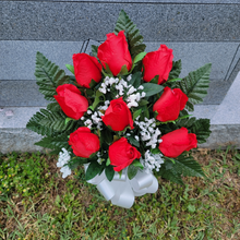 Load image into Gallery viewer, This cemetery cone has grave flowers including Red Elegant Ruffled Rosebuds. It is a perfect memorial decoration.
