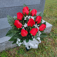 Load image into Gallery viewer, This cemetery cone has grave flowers including Red Elegant Ruffled Rosebuds. It is a perfect memorial decoration.
