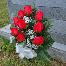 Load image into Gallery viewer, This cemetery cone has grave flowers including Red Elegant Ruffled Rosebuds. It is a perfect memorial decoration.
