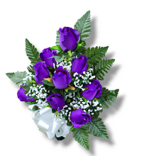 Load image into Gallery viewer, This cemetery cone has grave flowers including Purple Elegant Ruffled Rosebuds. It is a perfect summer memorial decoration.
