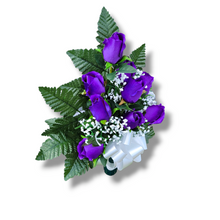 Load image into Gallery viewer, This cemetery cone has grave flowers including Purple Elegant Ruffled Rosebuds. It is a perfect summer memorial decoration.
