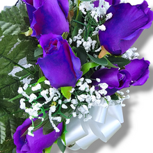 Load image into Gallery viewer, This cemetery cone has grave flowers including Purple Elegant Ruffled Rosebuds. It is a perfect summer memorial decoration.
