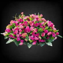 Load image into Gallery viewer, This Headstone Saddle has grave flowers including Beauty Pink Mini Mums. It is a perfect funeral or cemetery decoration.
