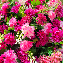 Load image into Gallery viewer, This is a Headstone Saddle with cemetery cones; it has grave flowers including Beauty Pink Mini Mums.
