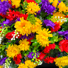 Load image into Gallery viewer, This Headstone Saddle has grave flowers including Multi-Colored Mini Mums. It is a perfect funeral or cemetery decoration.
