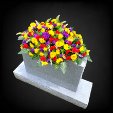 Load image into Gallery viewer, This Headstone Saddle has grave flowers including Multi-Colored Mini Mums. It is a perfect funeral or cemetery decoration.
