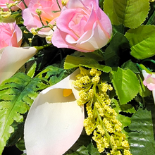 Load image into Gallery viewer, Cream Pink Rose &amp; Calla Lily Memorial Decoration set: includes 1 headstone saddle &amp; 1 cemetery cone
