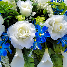Load image into Gallery viewer, This Headstone Saddle has grave flowers including Cream Calla Lilies, Roses &amp; royal blue filler. It is a perfect cemetery decoration.
