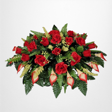 Load image into Gallery viewer, Red Rose and Calla Lily Headstone Saddle Memorial Decoration
