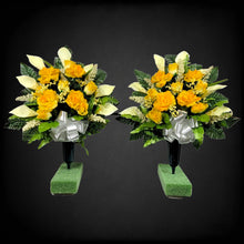 Load image into Gallery viewer, Yellow Rose &amp; Calla Lily Memorial Decoration set: includes 1 headstone saddle &amp; 2 cemetery cones
