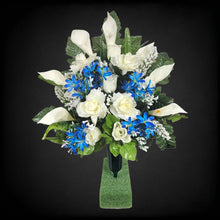 Load image into Gallery viewer, This cemetery cone has grave flowers including Cream Calla Lily and Roses with Blue Filler. It is a perfect funeral or memorial decoration.
