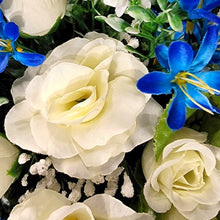 Load image into Gallery viewer, This cemetery cone has grave flowers including Cream Calla Lily and Roses with Blue Filler. It is a perfect funeral or memorial decoration.
