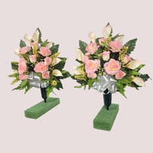 Load image into Gallery viewer, Cream Pink Roses and Calla Lily Memorial Decorations: Includes 2 Cemetery Cones
