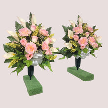 Load image into Gallery viewer, Cream Pink Roses and Calla Lily Memorial Decorations: Includes 2 Cemetery Cones
