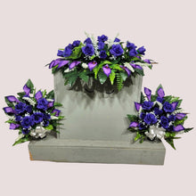 Load image into Gallery viewer, Purple Rose &amp; Calla Lily Memorial Decoration set: includes 1 headstone saddle &amp; 2 cemetery cone
