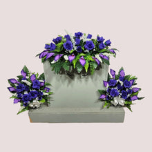 Load image into Gallery viewer, Purple Rose &amp; Calla Lily Memorial Decoration set: includes 1 headstone saddle &amp; 2 cemetery cones
