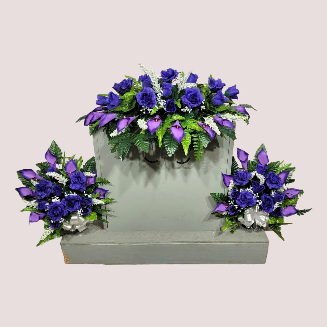 Purple Rose & Calla Lily Memorial Decoration set: includes 1 headstone saddle & 2 cemetery cones