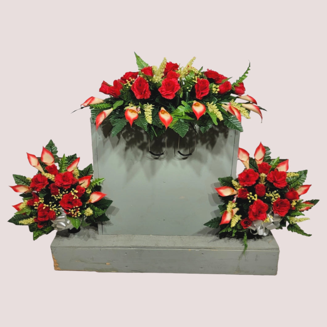 Red Rose & Calla Lily Memorial Decoration set: includes 1 headstone saddle & 2 cemetery cones