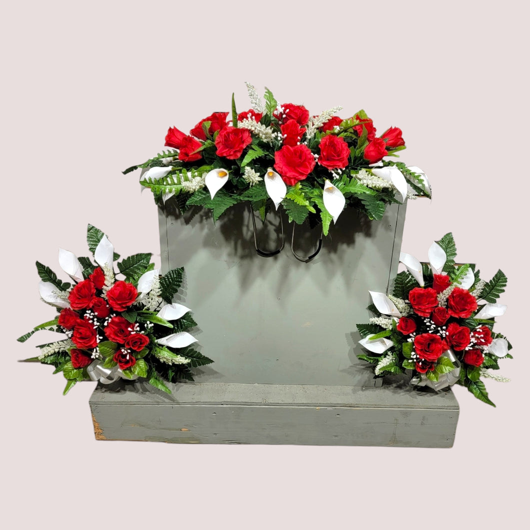 Red Rose & White Calla Lily Memorial Decoration set: includes 1 headstone saddle & 2 cemetery cones