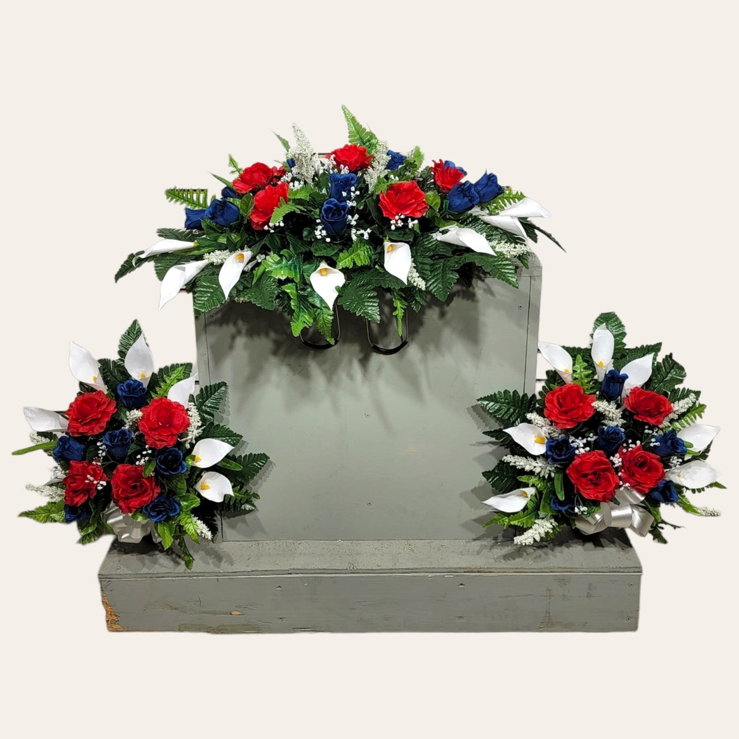 Red White and Blue Rose & Calla Lily Memorial Decoration set: includes 1 headstone saddle & 2 cemetery cones