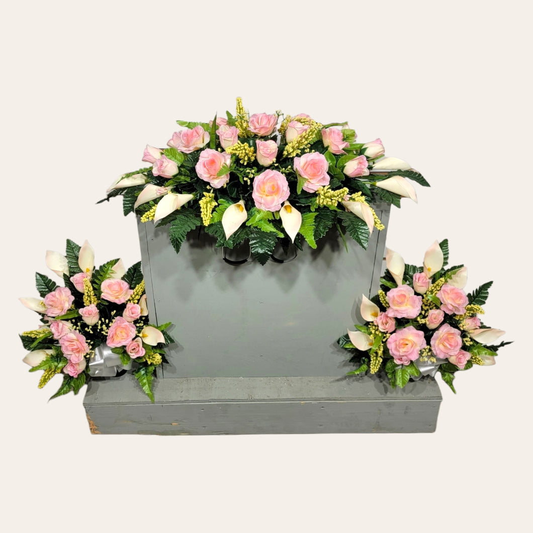 Cream Pink Rose & Calla Lily Memorial Decoration set: includes 1 headstone saddle & 2 cemetery cones