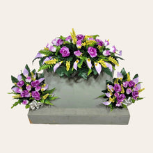 Load image into Gallery viewer, Lavendar Rose &amp; Calla Lily Memorial Decoration set: includes 1 headstone saddle &amp; 2 cemetery cones
