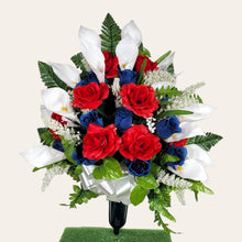 Load image into Gallery viewer, Red White and Blue Rose and Calla Lily Memorial Decoration: Includes 2 Cemetery Cones
