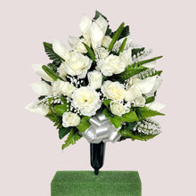 Load image into Gallery viewer, This cemetery cone has grave flowers including cream Calla Lily and Roses. It is a perfect summer memorial decoration.
