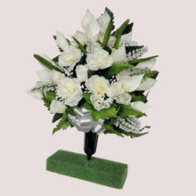 Load image into Gallery viewer, This cemetery cone has grave flowers including cream Calla Lily and Roses. It is a perfect summer memorial decoration.
