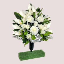 Load image into Gallery viewer, This cemetery cone has grave flowers including cream Calla Lily and Roses. It is a perfect summer memorial decoration.
