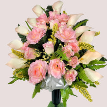 Load image into Gallery viewer, Cream Pink Rose and Calla Lily Memorial Decorations: Includes 2 Jumbo Cemetery Cones
