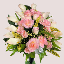 Load image into Gallery viewer, Cream Pink Rose and Calla Lily Memorial Decorations: Includes 2 Jumbo Cemetery Cones
