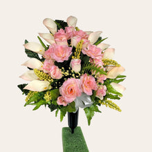 Load image into Gallery viewer, Cream Pink Rose and Calla Lily Memorial Decorations: Includes 2 Jumbo Cemetery Cones
