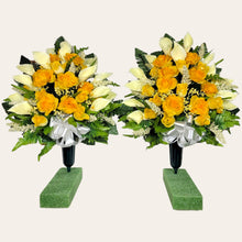 Load image into Gallery viewer, Yellow Rose and Calla Lily Memorial Decoration: Includes 2 Jumbo Cemetery Cones
