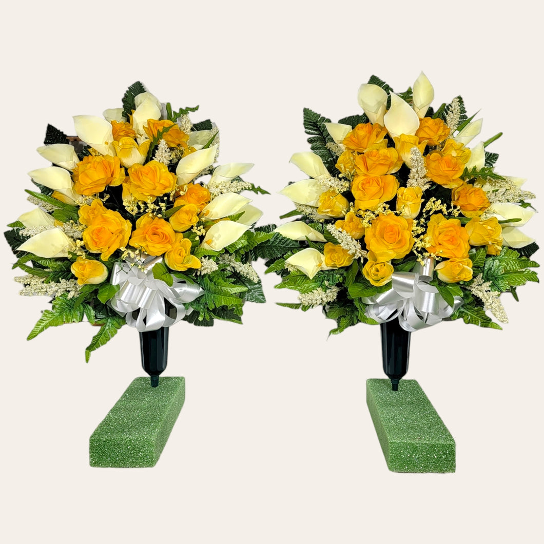 Yellow Rose and Calla Lily Memorial Decoration: Includes 2 Jumbo Cemetery Cones