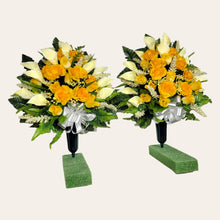 Load image into Gallery viewer, Yellow Rose and Calla Lily Memorial Decoration: Includes 2 Jumbo Cemetery Cones
