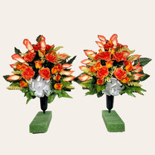 Load image into Gallery viewer, Orange Rose and Calla Lily Memorial Decorations: Includes 2 Jumbo Cemetery Cones
