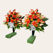 Load image into Gallery viewer, Orange Rose and Calla Lily Memorial Decorations: Includes 2 Jumbo Cemetery Cones
