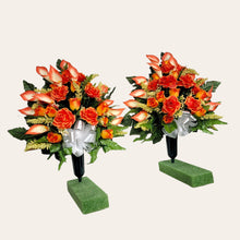 Load image into Gallery viewer, Orange Rose and Calla Lily Memorial Decorations: Includes 2 Jumbo Cemetery Cones
