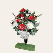 Load image into Gallery viewer, This cemetery cone pair has Red &amp; White carnations and mums grave flowers with snowman accents.
