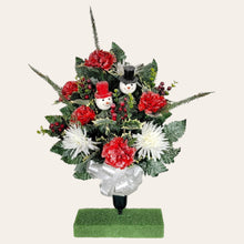 Load image into Gallery viewer, This cemetery cone has Red &amp; White carnations and mums grave flowers with snowman accents.
