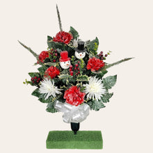 Load image into Gallery viewer, This cemetery cone pair has Red &amp; White carnations and mums grave flowers with snowman accents.
