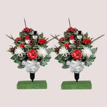 Load image into Gallery viewer, This cemetery cone pair has Red &amp; White carnations and mums grave flowers with snowman accents.
