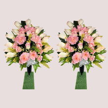 Load image into Gallery viewer, Cream Pink Rose and Calla Lily Memorial Decorations: Includes 2 Jumbo Cemetery Cones
