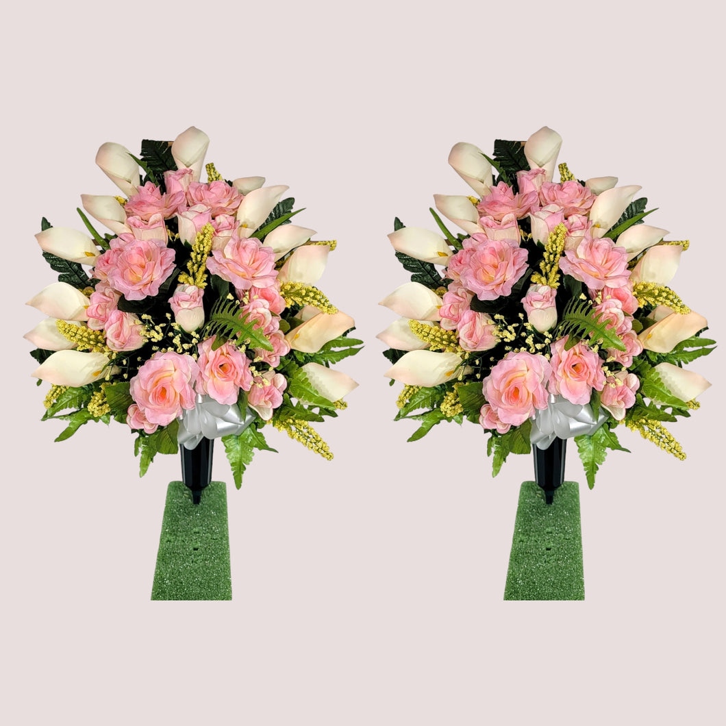 Cream Pink Rose and Calla Lily Memorial Decorations: Includes 2 Jumbo Cemetery Cones